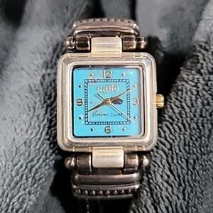 Ecclissi Turquoise Watch Women 24mm Sterling Silver Black Leather New Battery‎